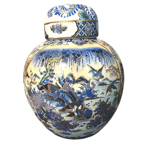 Vintage Ginger Jar Blue & White Porcelain Lid Hand-Painted Birds & Floral Motif - Picture 2 of 11